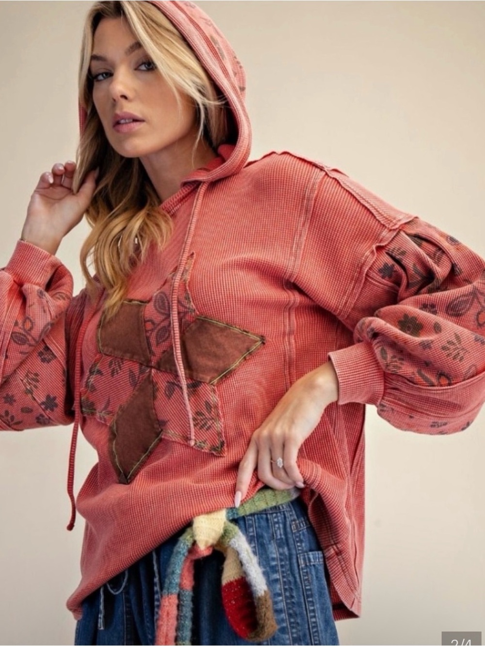EA2 Easel Boho Red Hooded Pullover with Star Patch